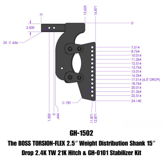Gen-Y The Boss Torsion-Flex 2.5in Weight Distribution Shank 15in Drop 21K Hitch w/Stabilizer Kit