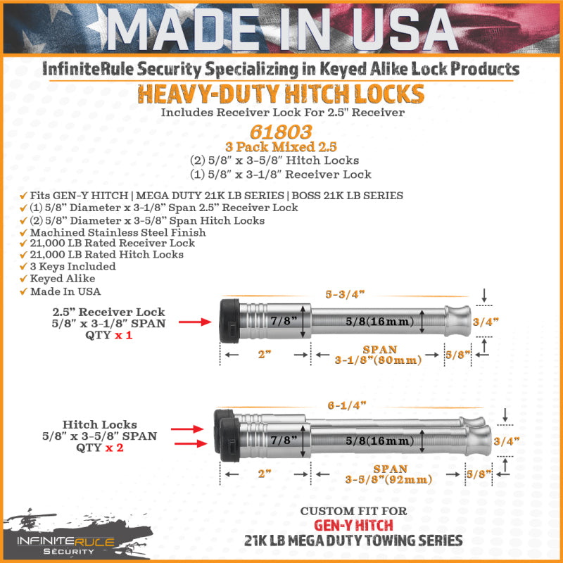 Gen-Y InfiniteRule (2) 5/8in x 3-5/8in Hitch Locks (1) 5/8in x 3-1/8in 2.5in Receiver Lock w/6 Keys