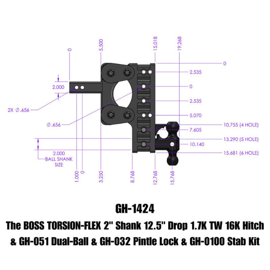 Gen-Y The Boss Torsion-Flex 2in Shank 12.5in Drop 16K Hitch w/GH-051 Dual-Ball/Pintle Lock/Stab Kit