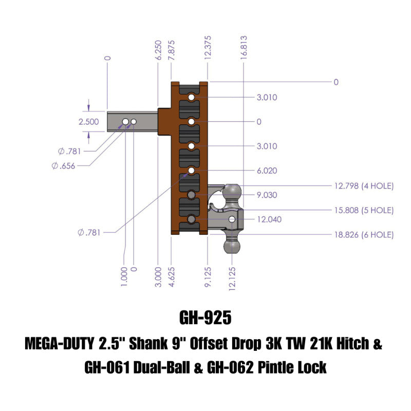 Gen-Y Mega Duty 2.5in Shank 9in Offset Drop 21K Hitch w/GH-061 Dual-Ball/GH-062 Pintle Lock