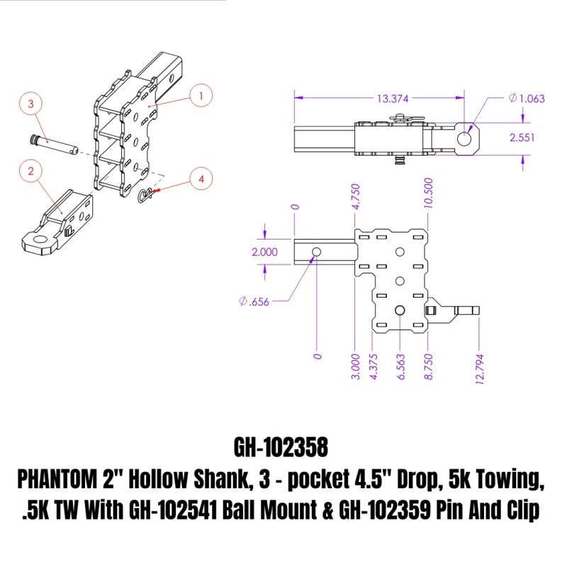 Gen-Y Phantom 2in Hollow Shank 4.5in Drop 500lb TW 12K Hitch w/GH-102541/GH-102359 (No Flat Towing)