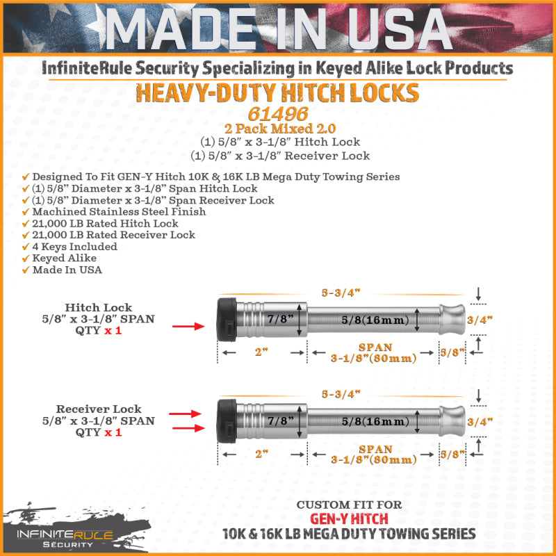 Gen-Y InfiniteRule (2) 5/8in x 3-1/8in Hitch Locks w/4 Keys