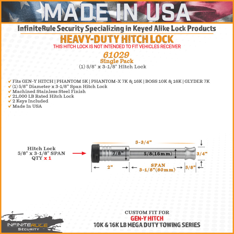Gen-Y InfiniteRule (1) 5/8in x 3-1/8in Hitch Lock w/2 Keys