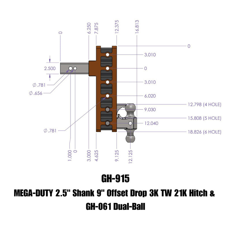 Gen-Y Mega Duty 2.5in Shank 9in Offset Drop 3K TW 21K Hitch w/GH-061 Dual-Ball