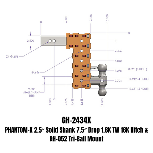 Gen-Y Phantom-X 2.5in Solid Shank 7.5in Drop 1.6K TW 16K Hitch w/GH-052 (No Flat Towing)